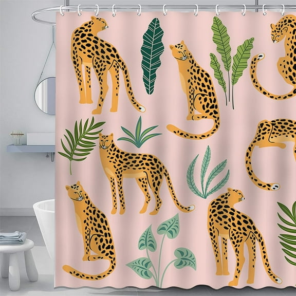 Leopard Shower Curtain Tropical Jungle Bathroom Curtain Pink Cheetah Waterproof Curtain for Shower with 12 Hooks 72x72 Inches