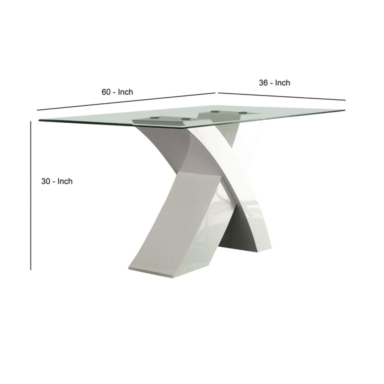 Glass Top Dining Table With X Shape Wooden Base White and Clear