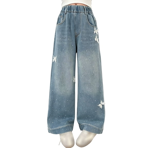 Girl's Rhinestone Sparkly Baggy Jeans Elastic Waist Straight Leg Denim Pants 5-15 Years