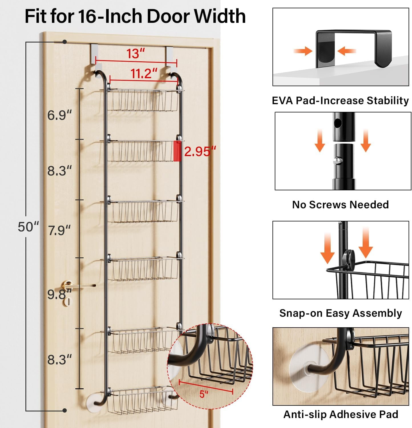 Delamu 6-Tier Over the Door Pantry Organizer, Metal Pantry Organizers and Storage, Pantry Door Organizer for Easy Install, D5 x W13 x H50 inch, Black