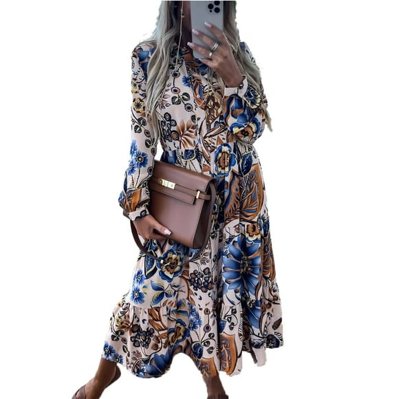 Tralilbee New Boho Style Fashion Women Long Dress Elegant Flower Print Shirt Dress Casual Long Sleeve Loose Plus Size Women Dress