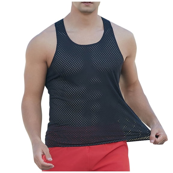 hoksml Man Mesh Sports Running Tank Solid-Color Casual Loose I-Shaped Round-Neck Top Summer Lightweight Breathable T-shirt Sleeveless Workout Tank Tops
