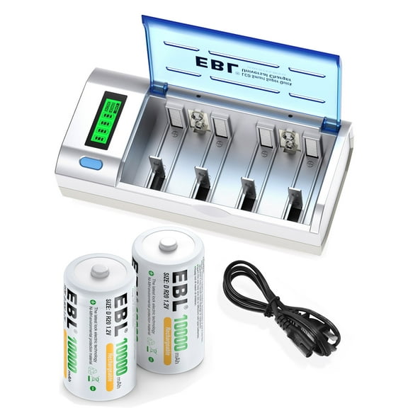 EBL D Cells 10000mAh Rechargeable Batteries (2 Counts) 1.5V with C D 9V AA AAA Battery Charger