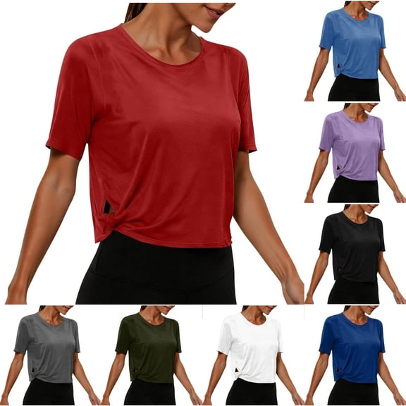 SROBPTY Womens T-Shirts Solid Crew Neck Short Sleeve with Cutout Loose Breathable Summer Tops for Everyday Wear
