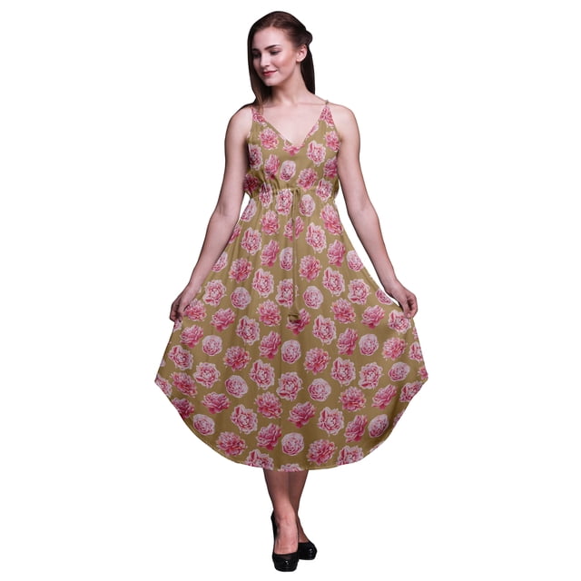 Bimba Robe de Plage Bohème Midi Sans Manches Imprimée Florale pour Femmes-TTG