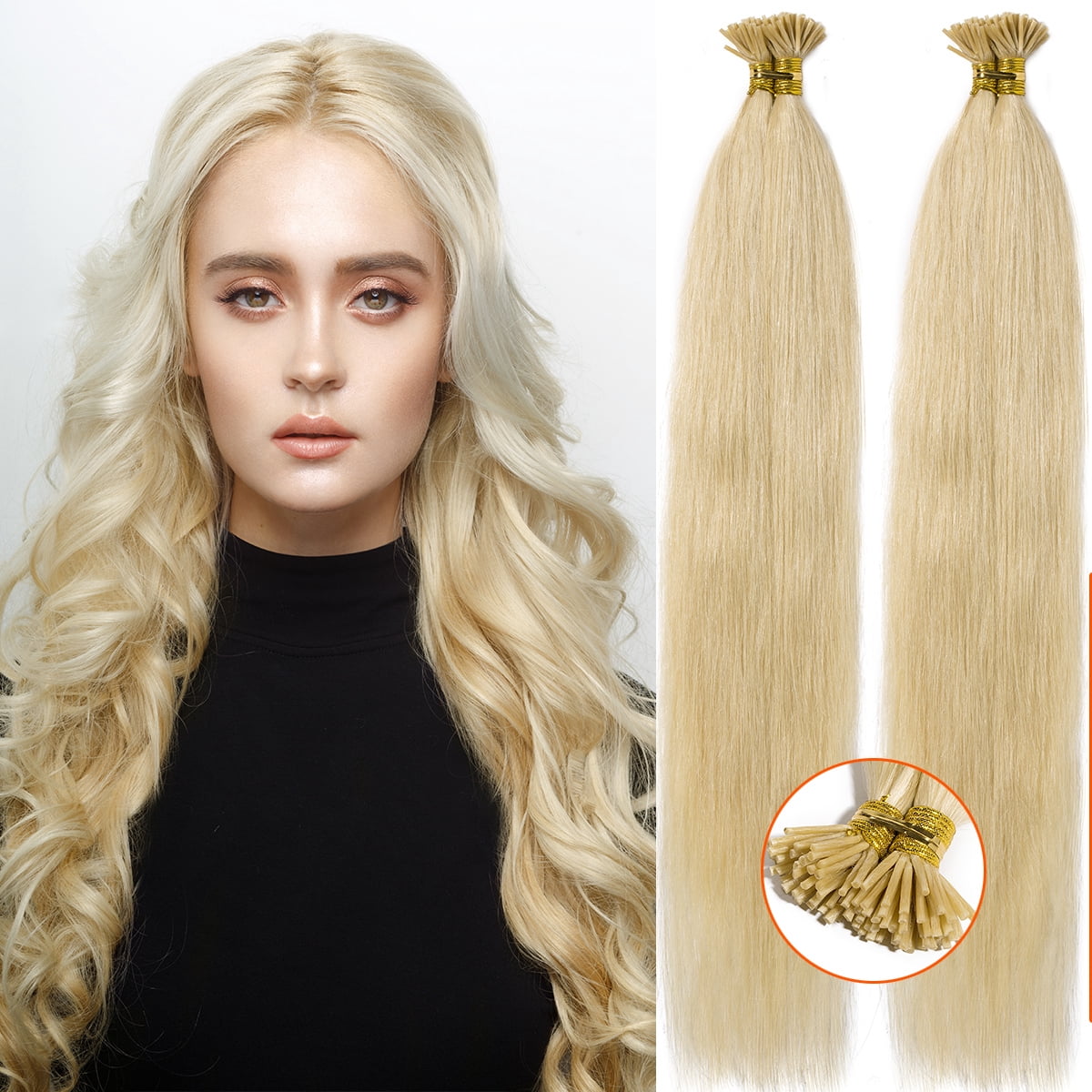 SEGO I Tip Hand-Tied Human Hair Extensions Cold Fusion Off Black 100 Strands Soft Straight Remy Hair Pre Bonded Stick Shoelace Tips