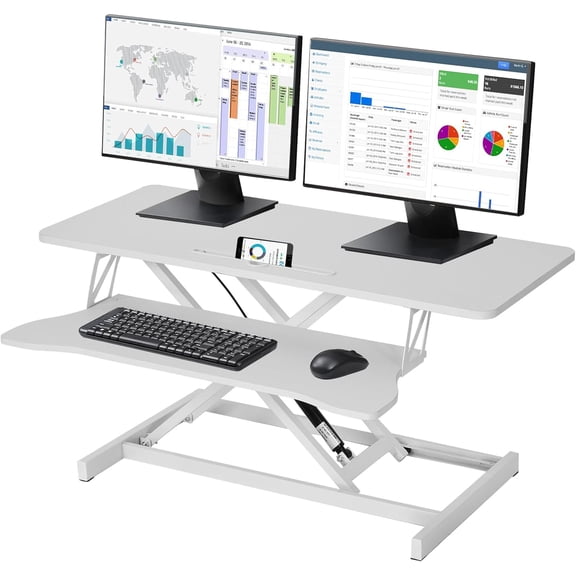 32 Inch Standing Desk Converter - Manual Pneumatic Spring, Two Monitor Stable Standing Desk Converter, Height Adjustable Laptop Workstation with Keyboard Tray for Home, Company (White)