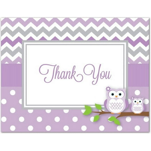 Purple Owls Baby Shower Thank You Cards and Envelopes - 50 Count