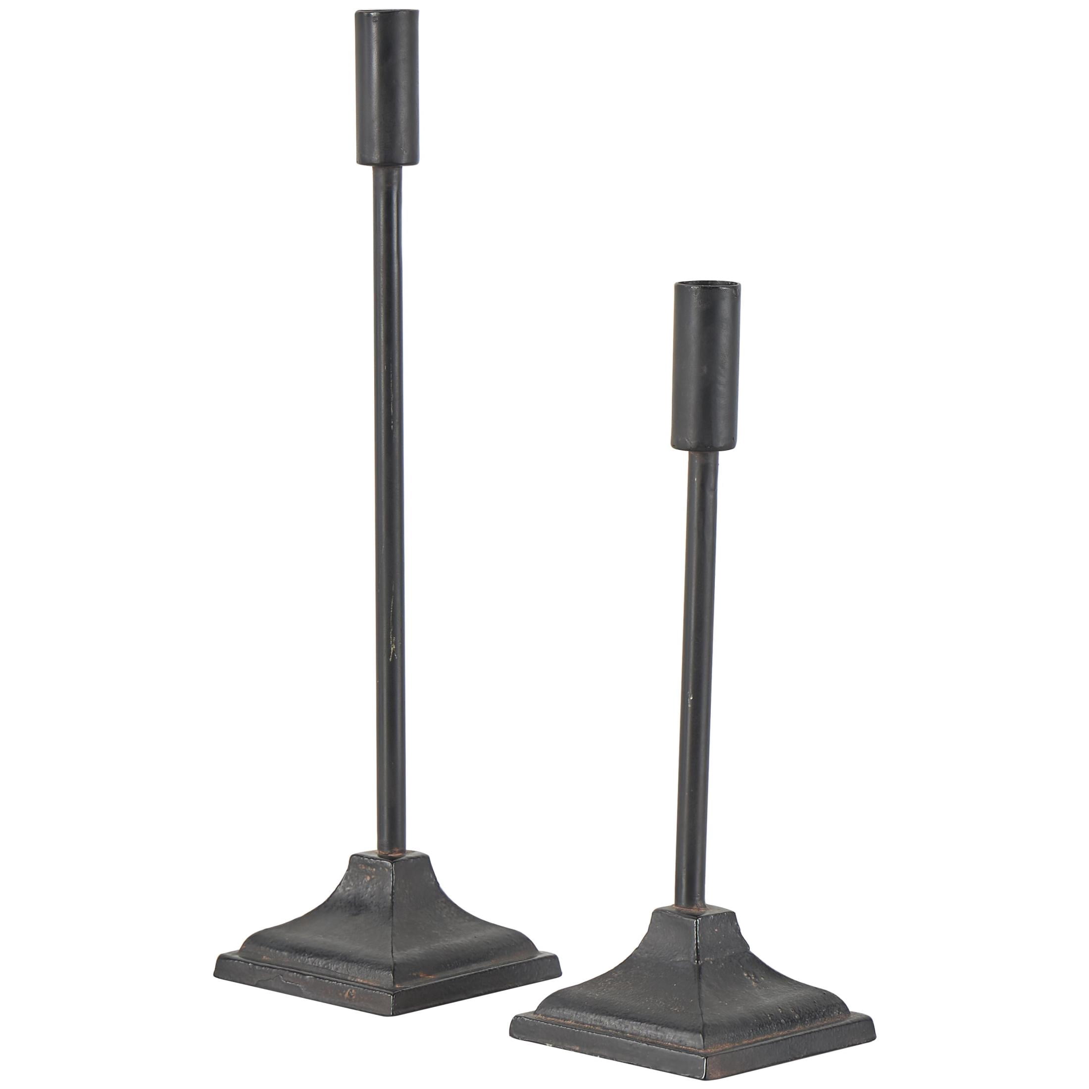 DecMode 2 Candle Black Metal Slim Weathered Candle Holder with Square Tapered Bases, Set of 2