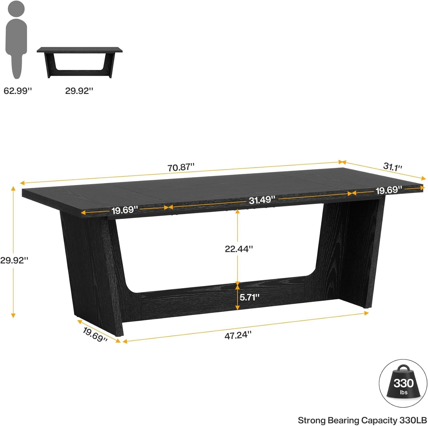 70.87-Inch Executive Computer Desk, Large Home Office Desk With Solid Wooden Pedestal, Industrial Black Wood Study Writing Table, 330LBS Heavy-Duty Workstation, Black Business Furniture