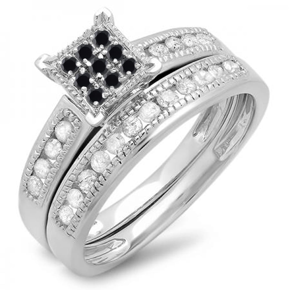Dazzlingrock Collection 0.50 Carat (ctw) Sterling Silver Round Black &  White Diamond Engagement Bridal Ring Set 1/2 CT, Size 5