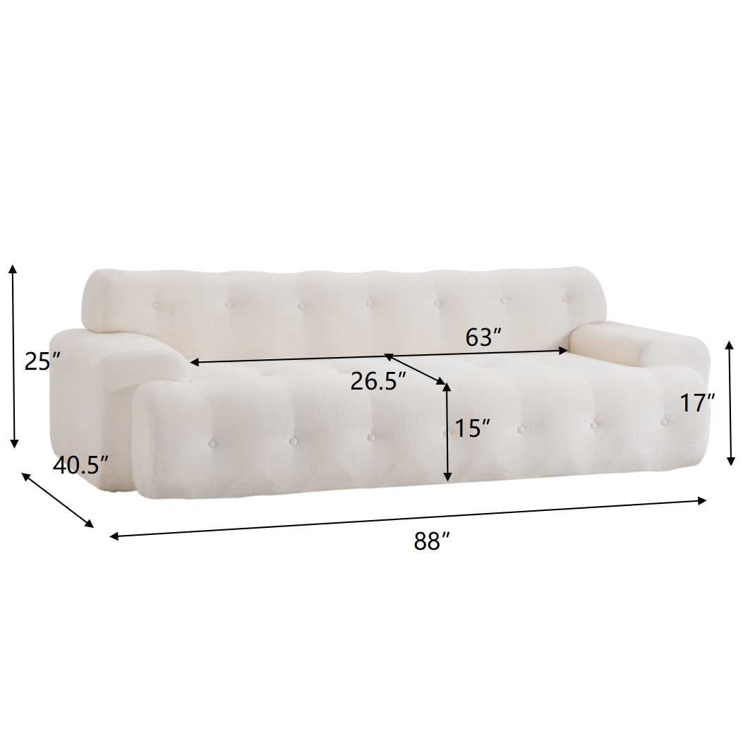3-Seater Sofa, Cloud Couch, Button Tufted Upholstered Sofa with High-Density Foam, No Assembly Required Compression Sofa for Living Room or Apartment in White (Snow White)