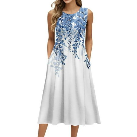 Biziza Blue Casual Dresses for Women Long Causal Sleeveless Floral Vintage 2025 Elegant Dresses Lightweight Cotton Stretch Polyester Round Neck Corset Dress with Pockets