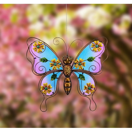 Study construct Butterfly Wall Hanging Stained Glass Indoors/ Outdoors Decor - Multi Color; Product Size: 15 x 1.25x 14.25 All metal construct