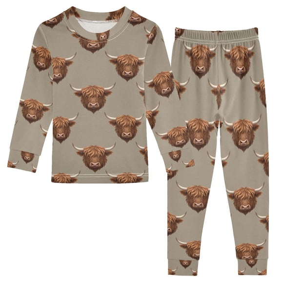 joogoo Retro Highland Cattle 2 Piece Long Sleeve Tee and Pants Cotton Pajama Set 5Y