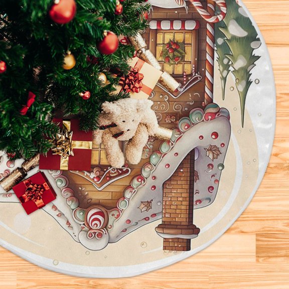 Gingerbread House Cookies Trees Christmas Tree Skirt 48 Inch Winter Xmas Tree Mat for Home Party Holiday Decorations
