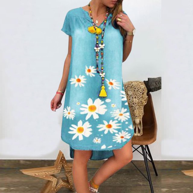 SMihono Robe Bohème d'Été pour Femmes Grande Taille Robe pour Femmes Grande Taille à Manches Courtes à Col en V Robe à Imprimé Imitation Denim Robe à Manches Courtes à Col en V
