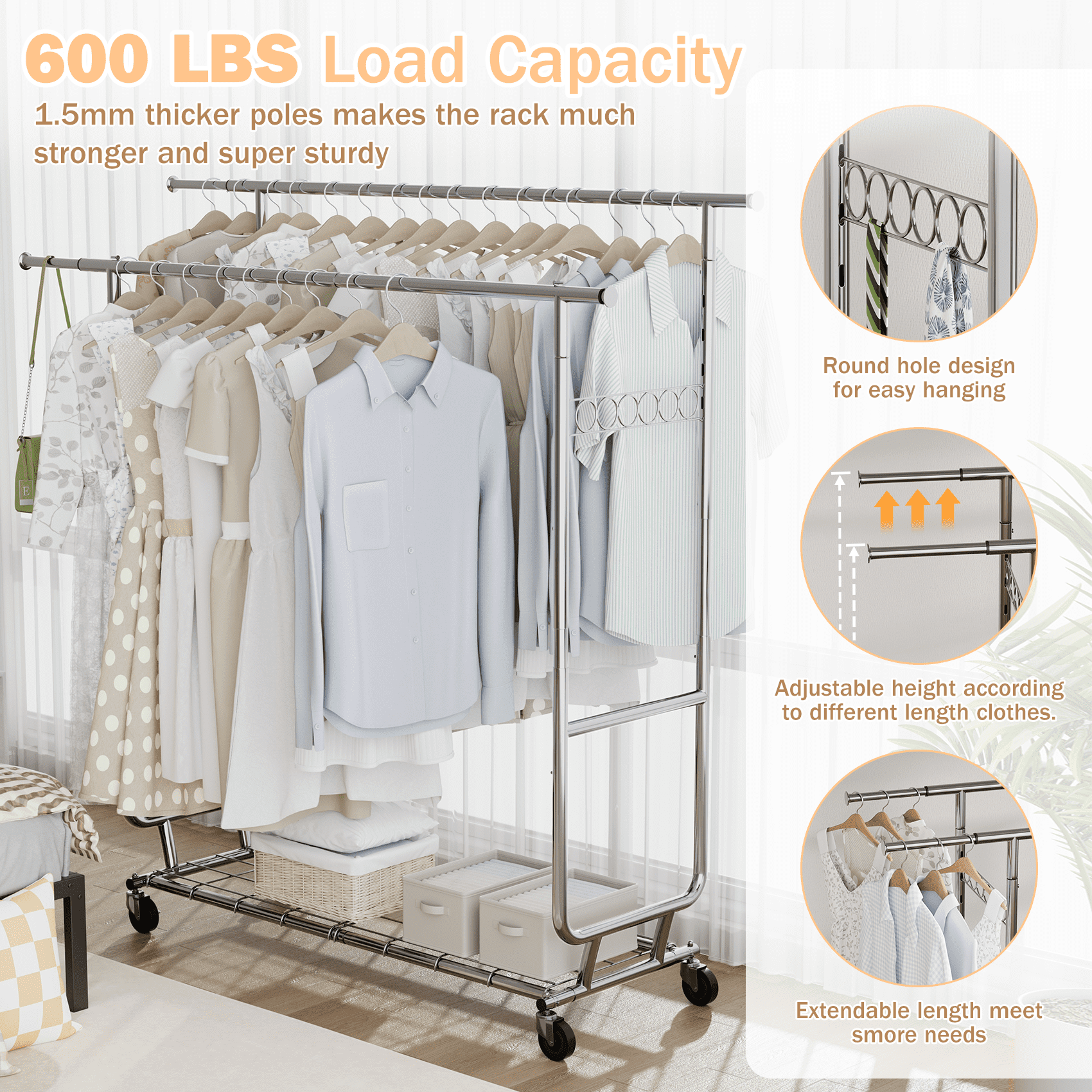 Mr IRONSTONE 600 lbs Commercial Grade Heavy Duty Garment Rack with Shelves Collapsible Clothing Racks on Wheels Rolling Clothes Rack for Hanging Clothes Portable Adjustable, Chrome Finish