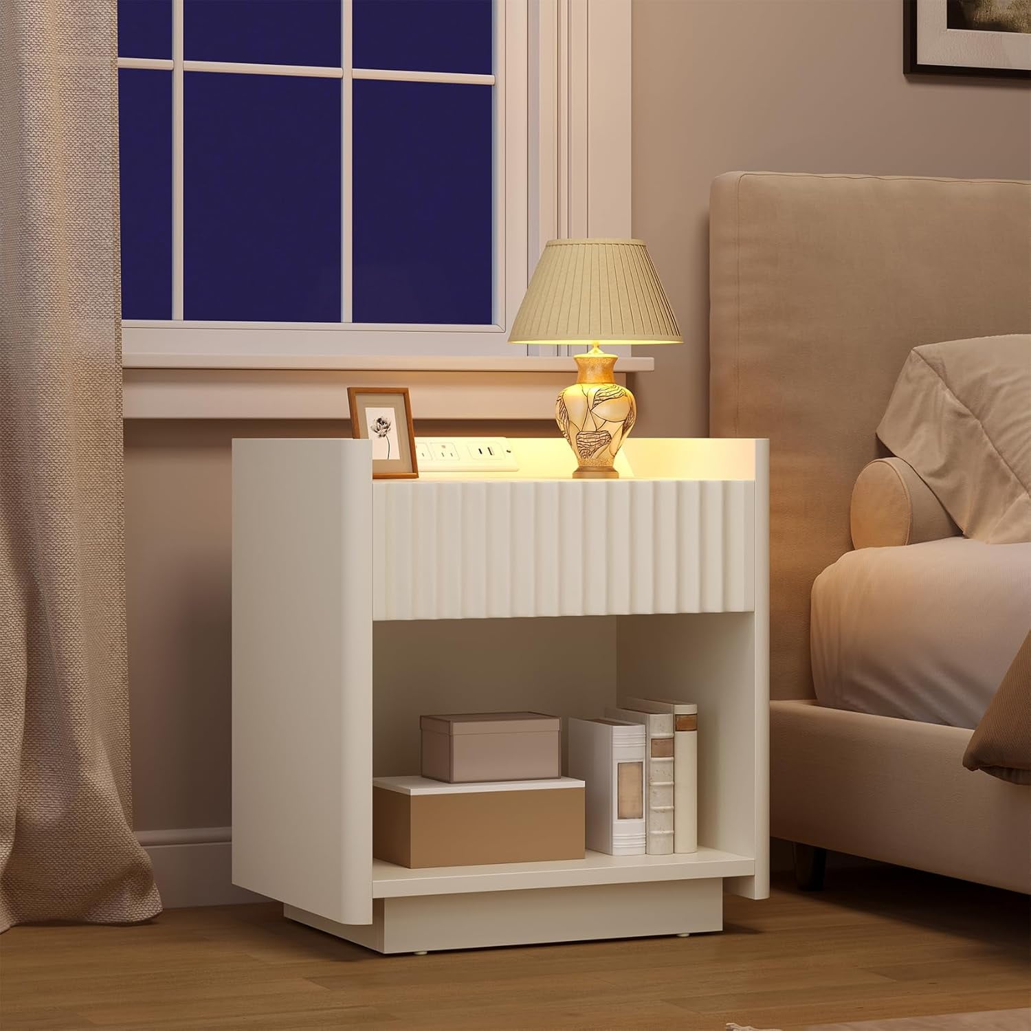 Winkalon Fluted Nightstands for Bedroom, Farmhouse Bedside Tables with Drawer & Open Shelf, Wood End Table for Living Room,White