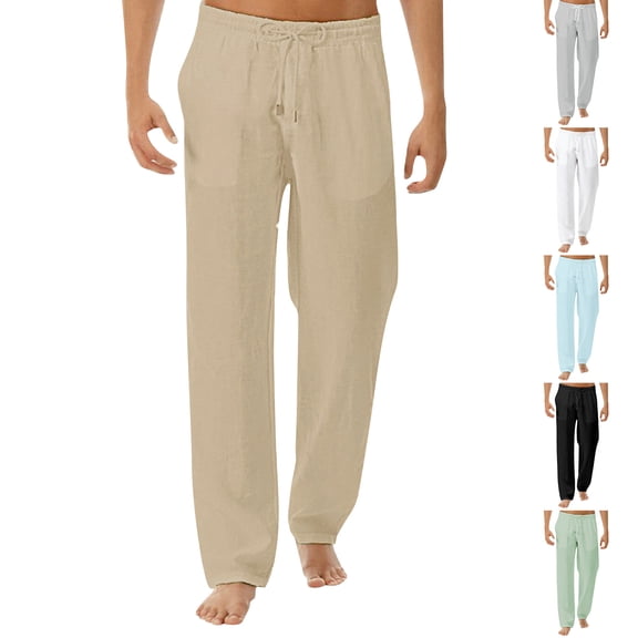 Cotton Linen Pants for Men Elastic Drawstring Waist Straight Leg Pants with Pockets Cotton Linen Long Pants Lightweight Casual Summer Yoga Beach Cotton Linen Pants,Brown M