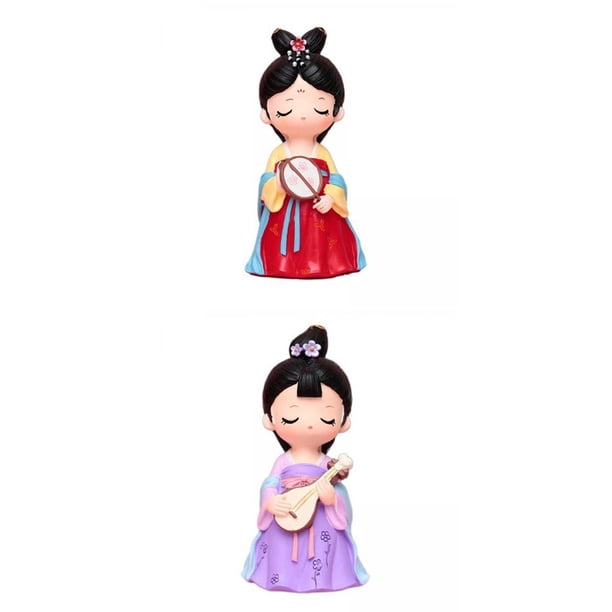 2 piezas de muñecas chinas antiguas retro coleccionables, esculturas y adornos Con Abanico y Con Pipa