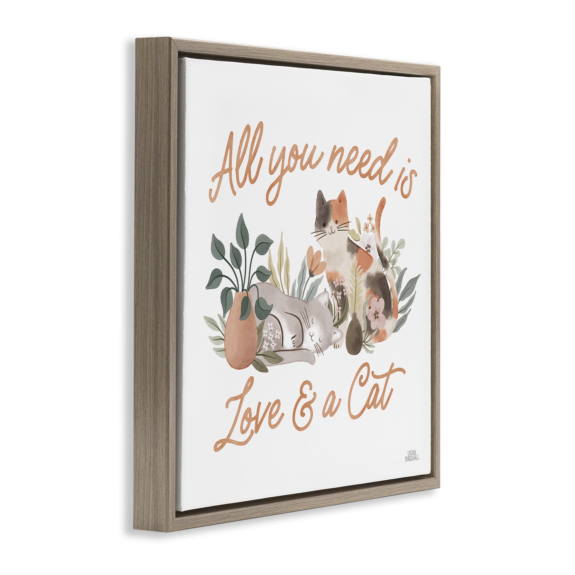 Stupell Industries Love & A Cat Phrase Animals & Insects Painting Brown Floater Framed Canvas Art Print Wall Art, 18 x 18
