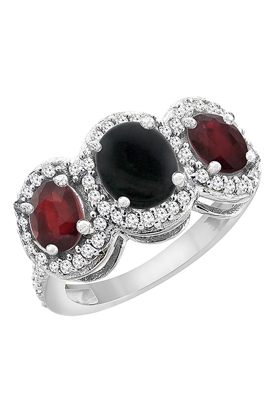 10K White Gold Natural Black Onyx & Enhanced Ruby 3-Stone Ring Oval Diamond Accent, size 5