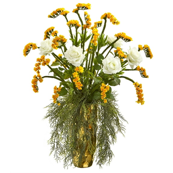 Nearly Natural 25in. Rose Artificial Arrangement in Designer Gold Vase