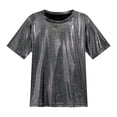 thumbnail image 5 of YONGHS Women's Short Sleeve Shiny Metallic T Shirt Tank Tops Holographic Rave Festival Party Blouse Dark Grey M, 5 of 7