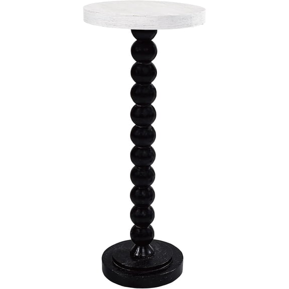 Small Pedestal End Table, Living Room Accent Side Table Display Stand, Drink Table with Wood Top & Distressed Metal Spindle Base, White & Black