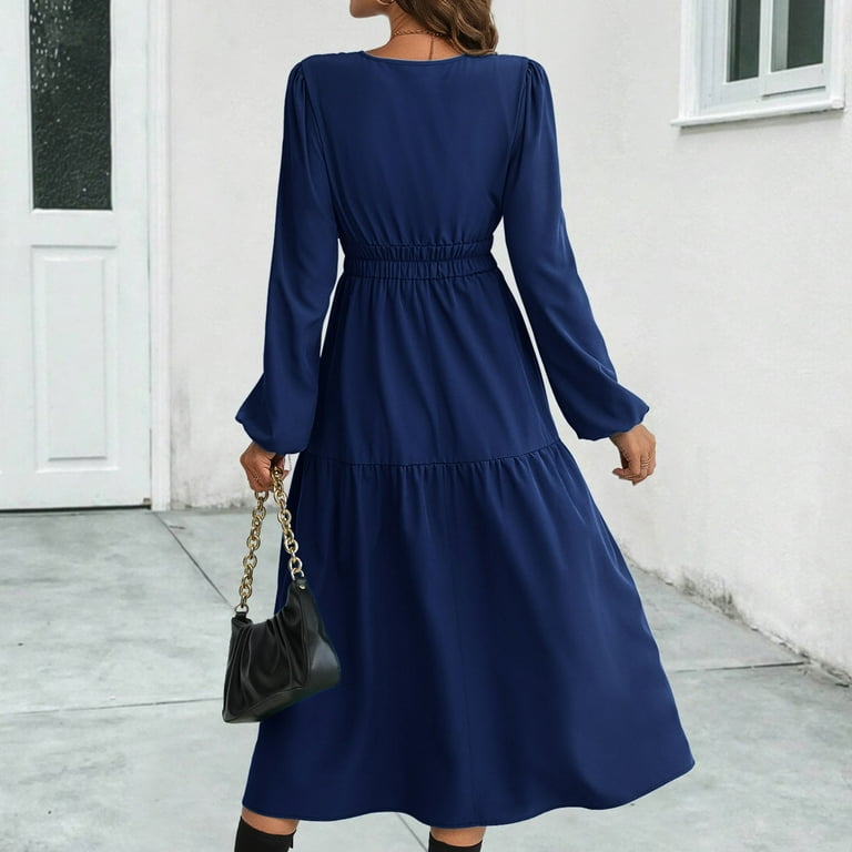 safuny Women's Tea Length A Line Dress Solid Color V Neck Elegant Casual  Daily Comfy Trendy Dresses Holiday Long Sleeve Blue L 