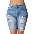 thumbnail image 2 of roswear Women's Mid Rise Stretchy Denim Bermuda Shorts Frayed Hem Curvy Distressed Jean Shorts, 2 of 4