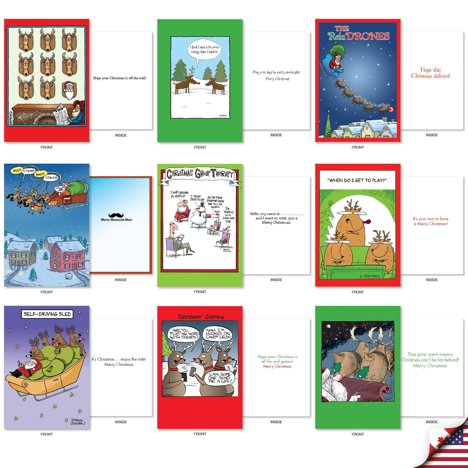 NobleWorks 36 Assorted Box Set Funny Christmas Greeting Cards w/5 x 7 Inch Envelopes (36 Designs, 1 Each) Fun Reindeer AC10711XSG-B1x36