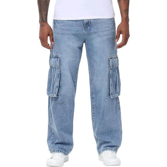 JUUYY Mens Baggy Jeans Casual Stretch Multi Pocket Cargo Denim Pants Loose Fit Classic Straight Wide Leg Jean Pants Streetwear Light Blue XXL