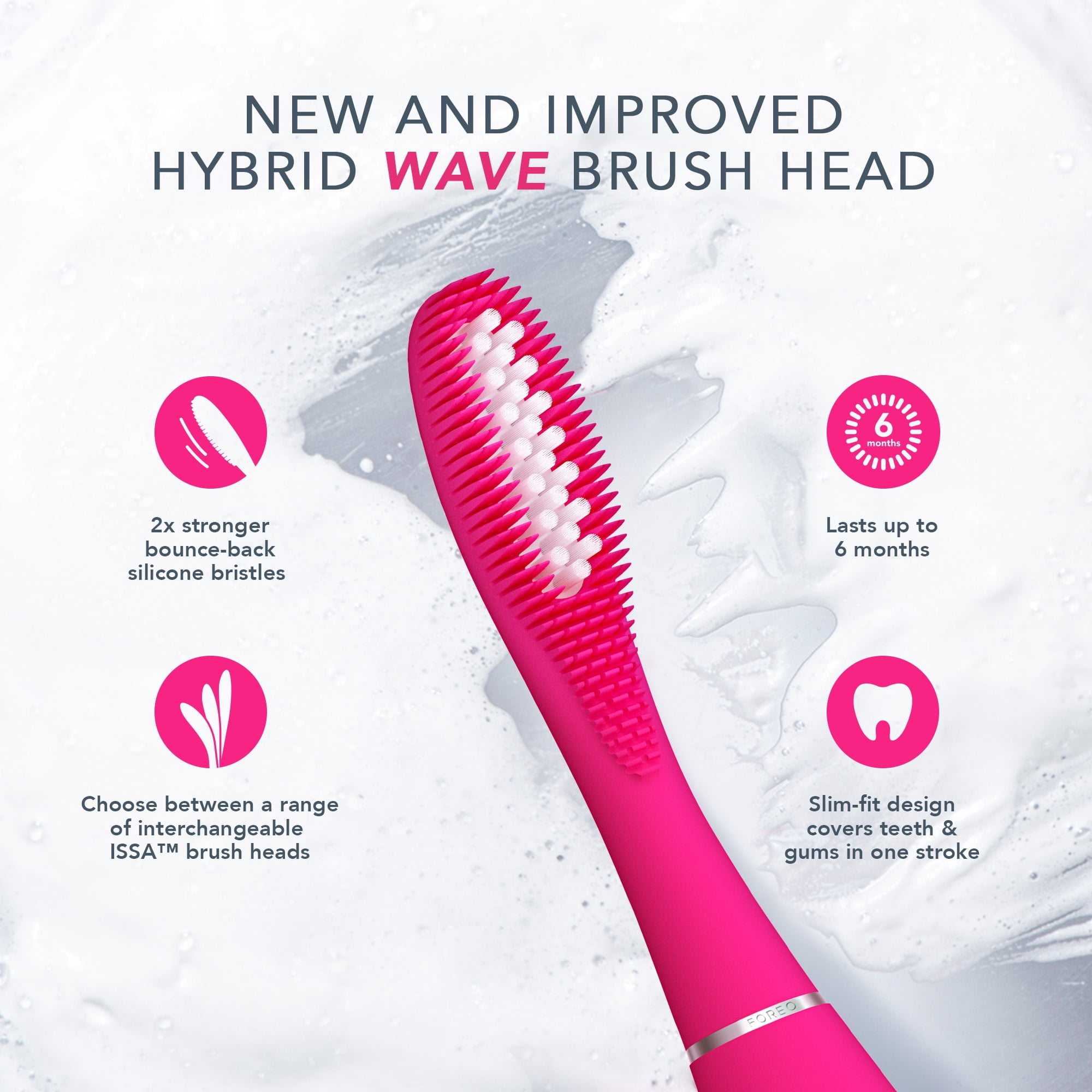 FOREO ISSA 3 Electric Toothbrush Bundle with 4-in-1 Ultra-Hygienic Silicone Cleaning and 2 Brush Heads, Fuchsia
