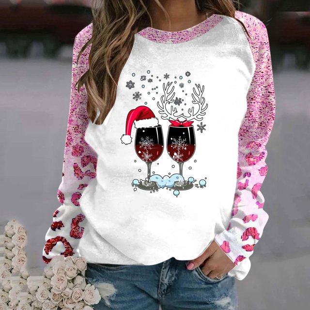 TIMIFIS Hauts de Noël pour Femmes Décontractés Mignons Verre de Vin Chapeau de Père Noël Imprimé Col Rond Chandail Chandails en Molleton Manches Longues Hiver Cadeaux de Noël