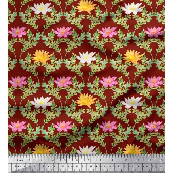 Soimoi Red Rayon Fabric Quarterfoil & Water Lily Floral Print Printed Fabric 1 Yard 42 Inch Wide
