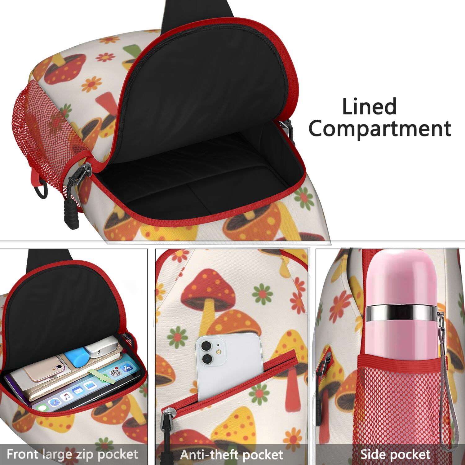 Travel Sling Bag Mushroom Hiking Daypack Crossbody Backpack Purse for Men Women