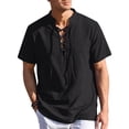 thumbnail image 2 of Camisa de manga corta de algodón y lino para hombre - Cuello alto Henry, estilo playero/medieval, tallas S-XL, tejido de lino, 2 of 5