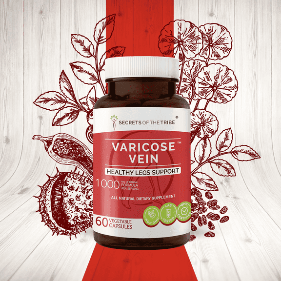 Secrets of the Tribe Varicose Vein Capsules Dietary Supplement, Natural Herb Blend, Made from Butcher's Broom, Horse Chestnut, Bilberry, Ancho Pepper, Gotu Kola, Grape 60 Count