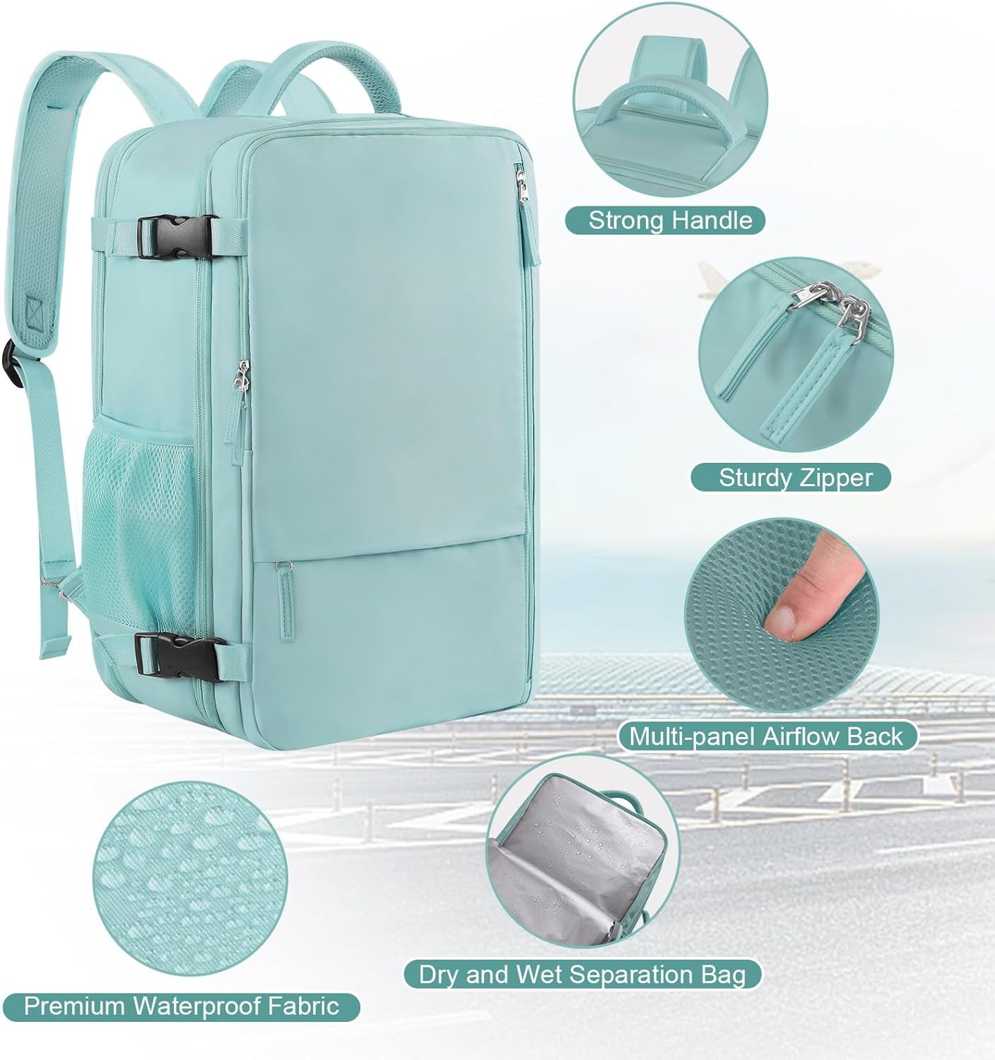 Lochas Large Travel Backpack Carry On Backpack,Hiking Backpack Waterproof Outdoor Sports Rucksack Multi-pocket Daypack School Bag Bookbag for Men Women,Light Blue Green