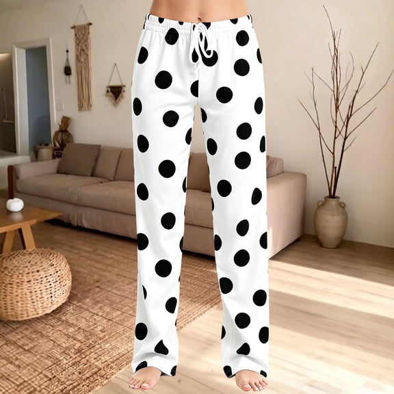 JIANLAI Women Polka Dot Print Pajama Pants, Elastic Drawstring Waist Full‑Length Straight Leg Loungewear Trousers, Soft Relaxed Fit Sleep Bottoms, Lightweight Comfy Casual Pants