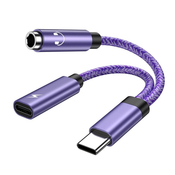 USB C to Aux Adapter,ABCPOW 2 in 1 Type C to 3.5 mm Headphone Jack Adapter Audio Jack Charger Adapter USB C Dongle with Headphone Adapter Fast Charging Dongle Cord for iPhone15 Android,Samsung,Purple