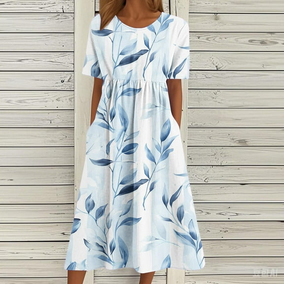 Nuoqisi Womens Summer Dresses Beach Casual Loose Fitted Pleat Tshirt Floral Short Sleeve Round Neck Flowy Sundresses 2026