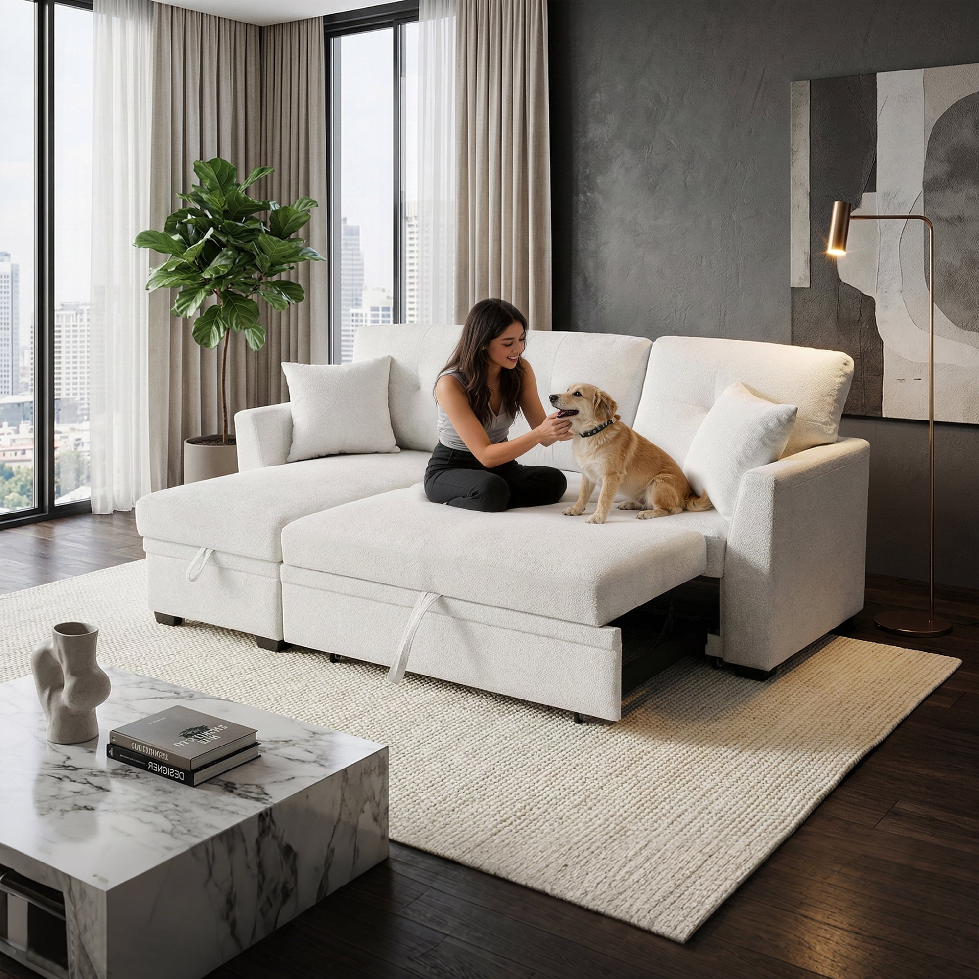 AENKYO Convertible L-Shaped Sectional Sofa Sleeper with Pull-Out Bed and Storage Chaise, Linen Upholstered Couch for Living Room，White