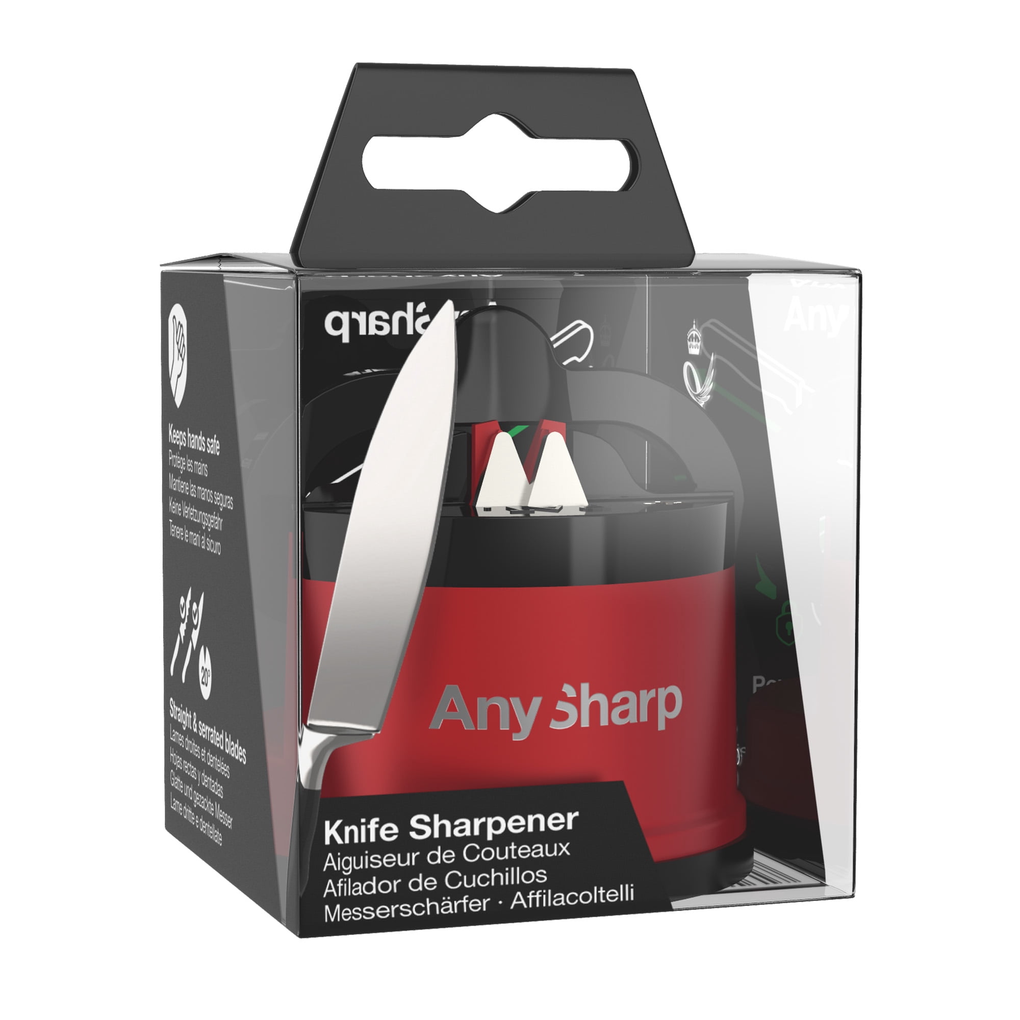 AnySharp Knife Sharpener, Hands-Free Safety, PowerGrip Suction, Sharpens All Kitchen Knives, Red