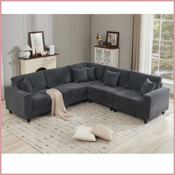 Gray L-Shaped Modular Sectional Sofa - 5-Seat Corduroy Couch with Pillows for Living Room