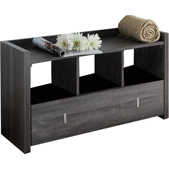 Wooden Storage Shoe Rack Bench with 3 Shelves and Raised Top, Distressed Gray