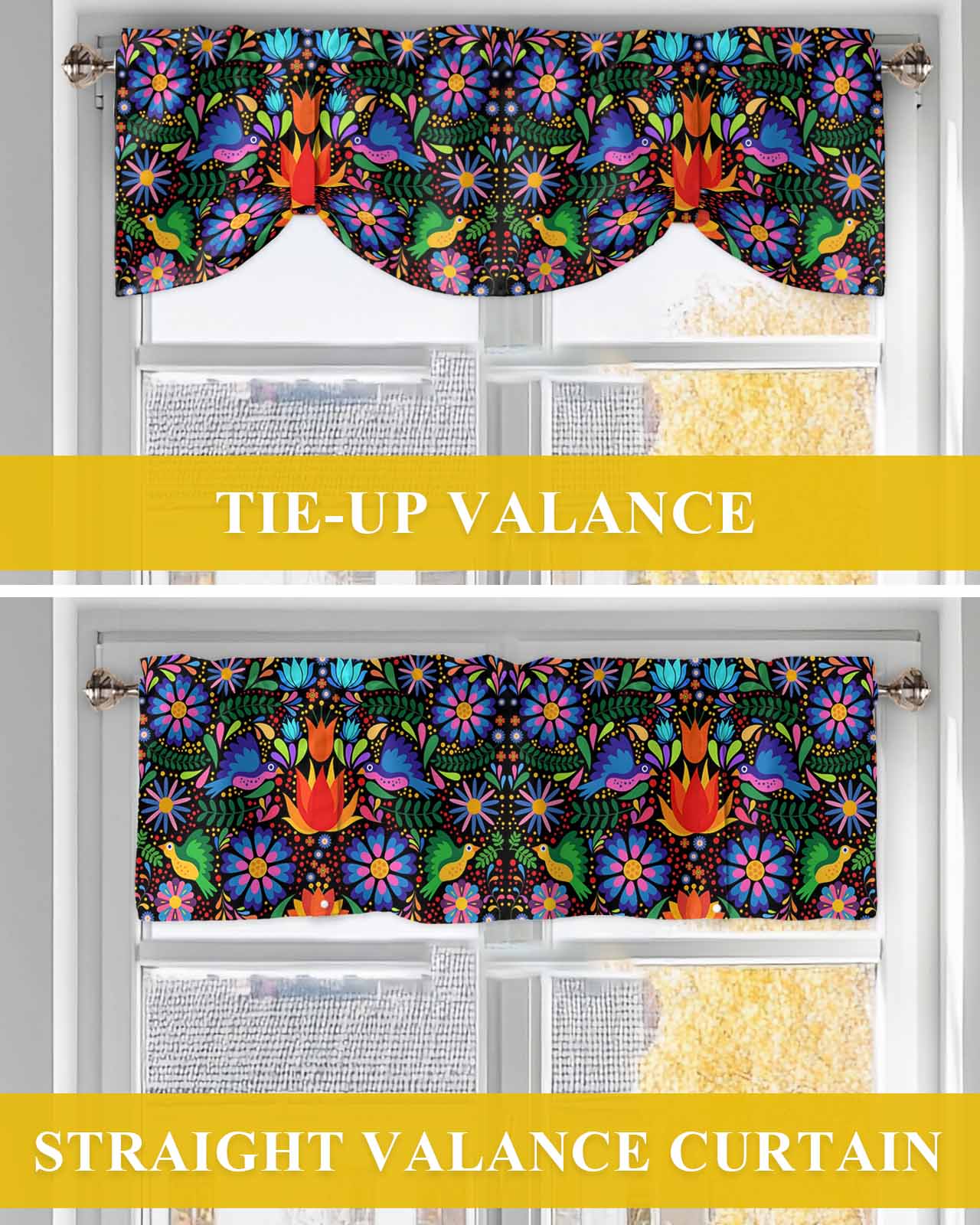 Colorful Mexican Floral Tie Up Valances Curtain, Adjustable Kitchen Bird Rustic Assorted Flower Valances for Windows Decor, Rod Pocket Short Curtains Set for Bedroom/Bathroom, 60"x18"