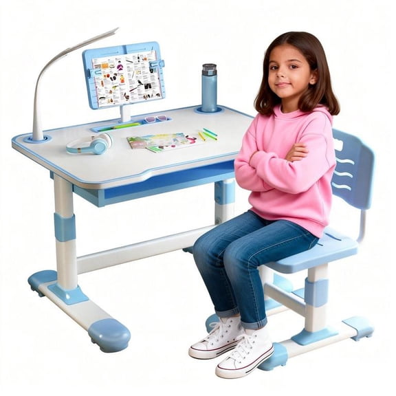 YNCE 2025 Upgraded Kids Desk and Chair Set, Kids Art Desk with Tiltable Reading Stand & LED Table Light, Bedroom Children Learning Table with Extra Large Drawer